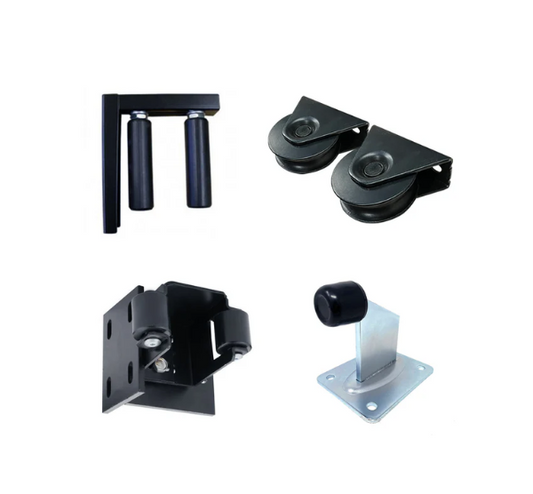 Sliding gate Hardware package includes Rollers Catcher Wheels and Stopper kit in Black