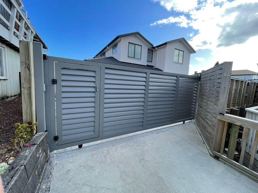 Aluminum Driveway Sliding Gate with Pedestrian Gate Inside - SLATE GREY