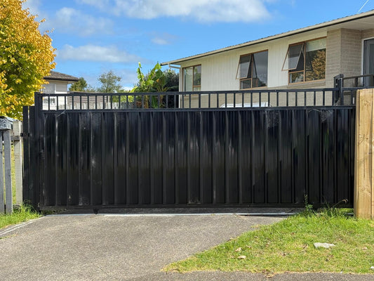 Steel Driveway Sliding Gate - Solid Window Top - BLACK